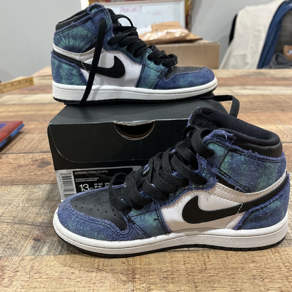 Jordan 1 High OG (PS) Tie Dye Kids Sz 13c White/black Aurora Green